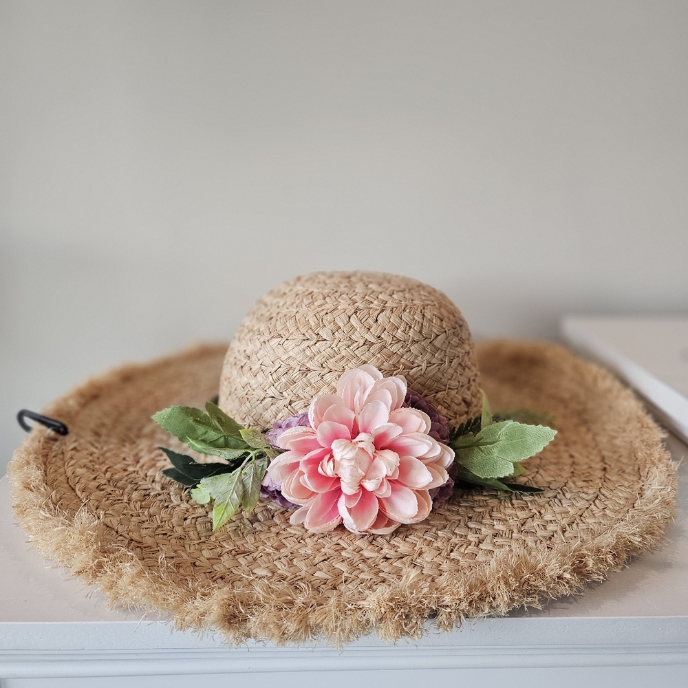 Straw Sun Hat with Pink and Purple Flower Accent